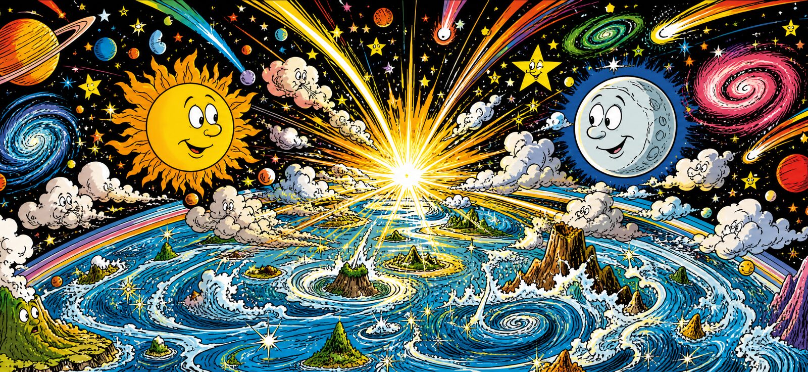 Arte em quadrinhos da criação do mundo