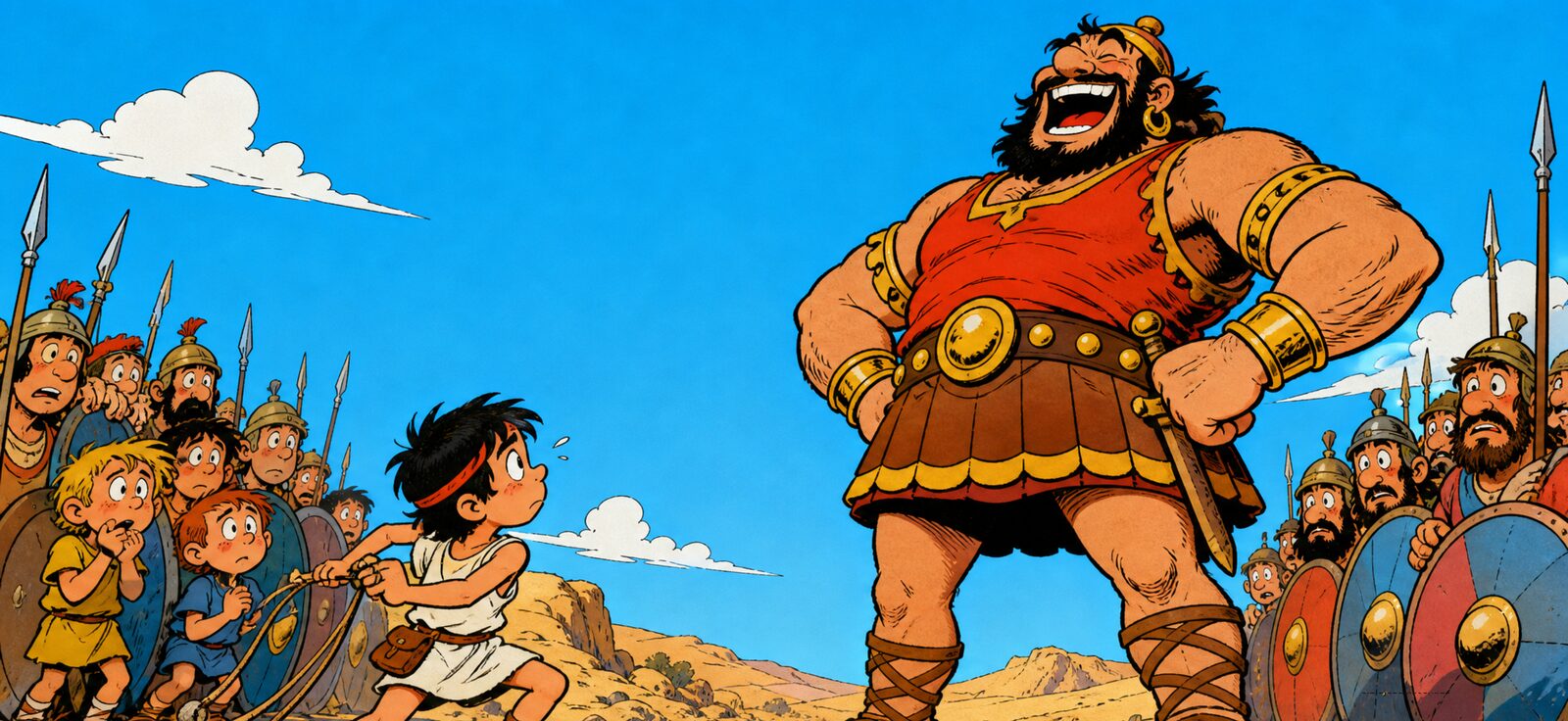 Arte em quadrinhos do jovem Davi e o gigante Golias