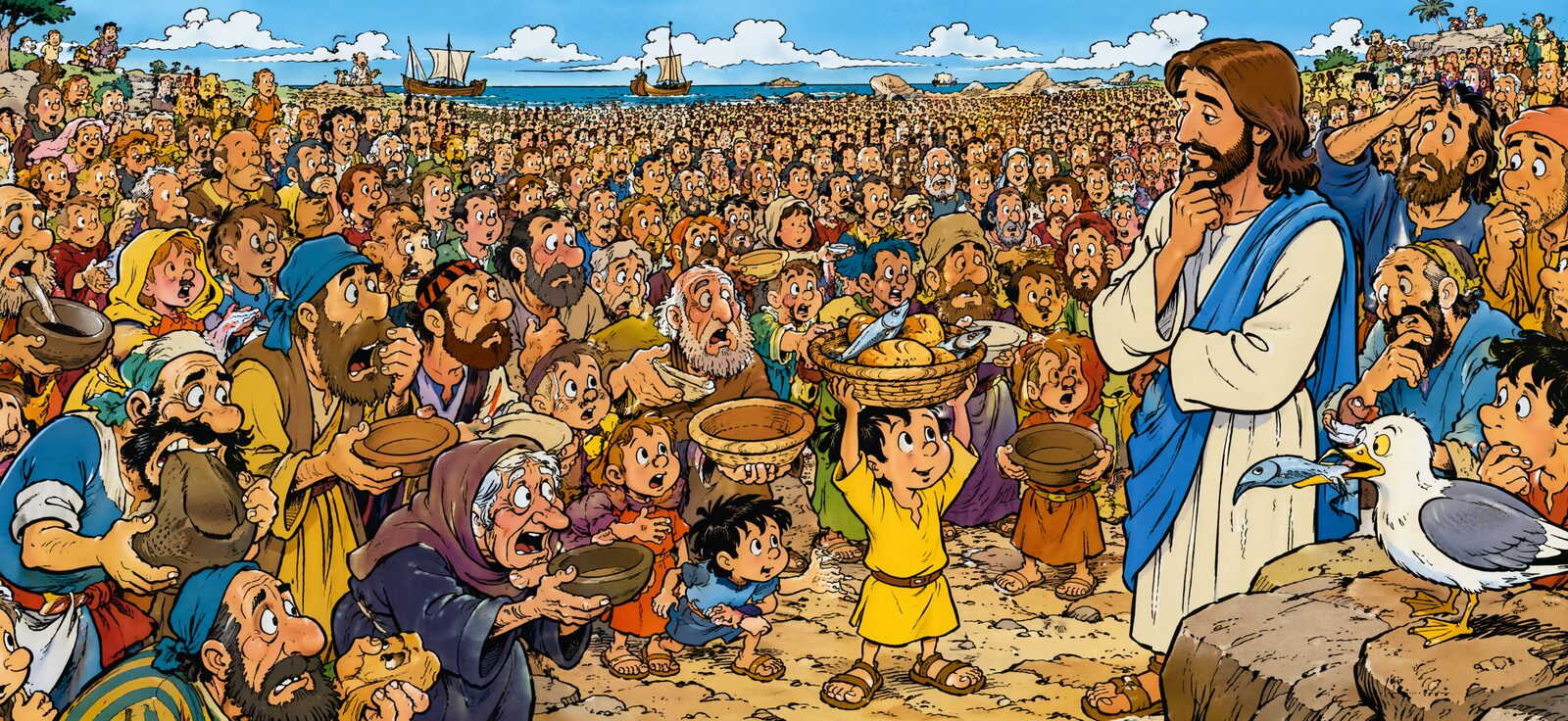 Arte em quadrinhos de Jesus alimentando uma grande multidão com pães e peixes