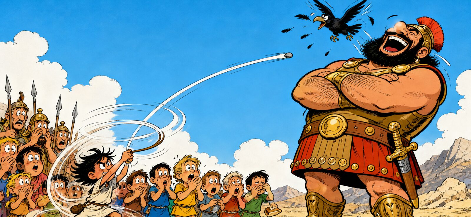 BibleJesus-Family — arte em quadrinhos do jovem Davi diante de Golias