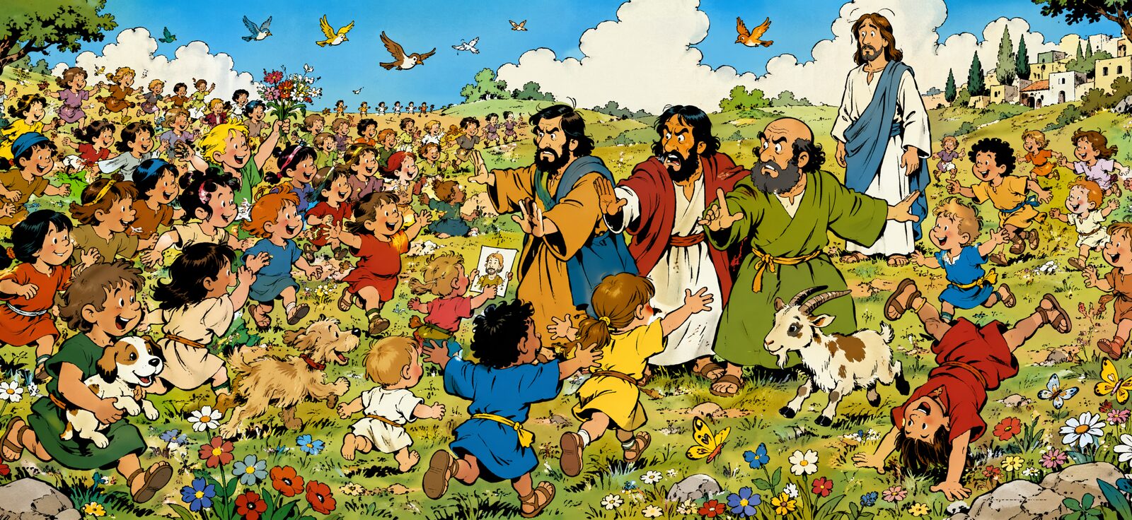 Arte em quadrinhos de Jesus recebendo as crianças